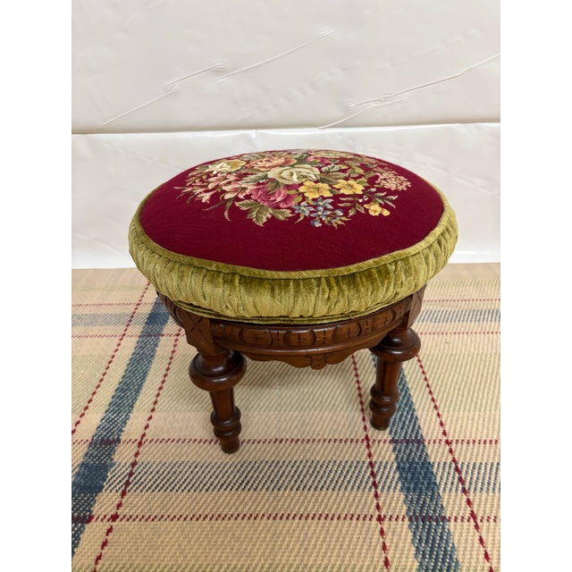 Burgundy Antique Victorian Style Round Footstool For Sale - Image 8 of 9