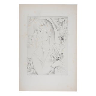 Mily Possoz, Young Woman with a Bouquet, Original Signed Engraving For Sale