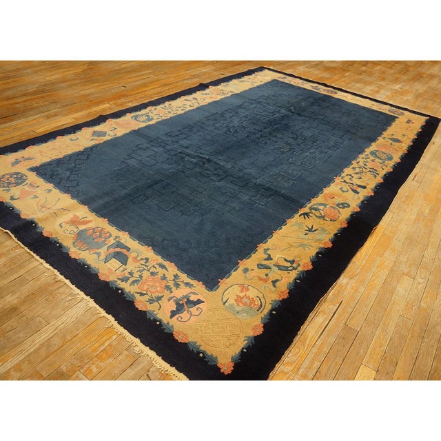 Antique Peking Chinese Allover Floral Blue 1920s Blue Rug, Circa Date: 1920s. This exceptional example of early 20th-...