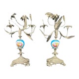 Antique Pair French Silver Sevres Porcelain With Vibrant Floral Design Candelabras Candlesticks For Sale