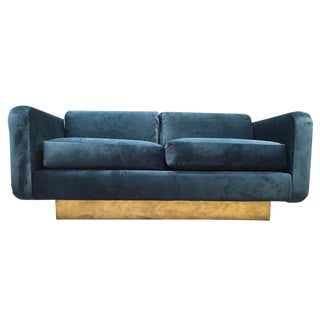 Mid-Century Brass & Blue Velvet Love Seat Sofa For Sale