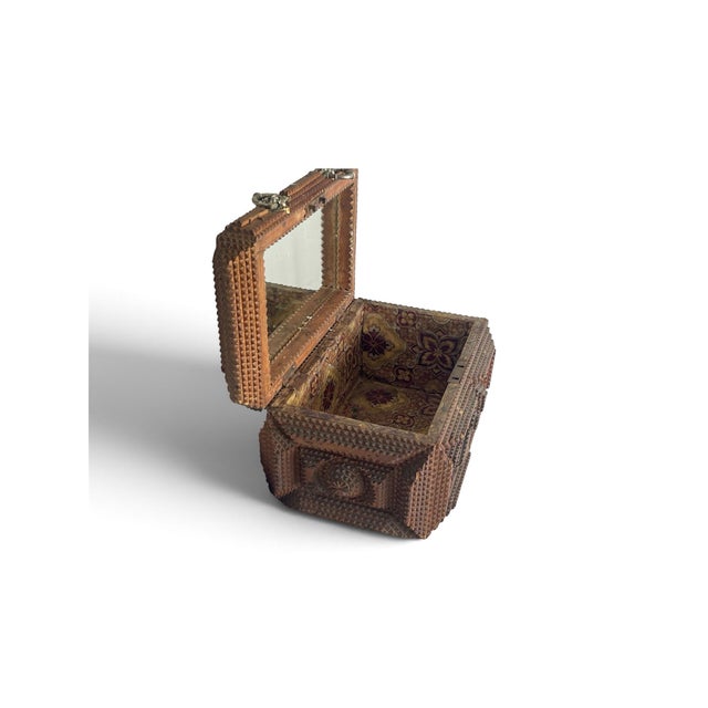 Antique French Tramp Art Carved Wooden Box With Velvet Cushion, Late 19th Century For Sale - Image 4 of 5