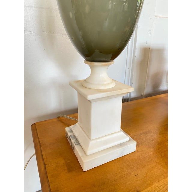 Smoke green - gray, Murano table lamp with off white colored marble base. We love the juxtaposition of the structured...