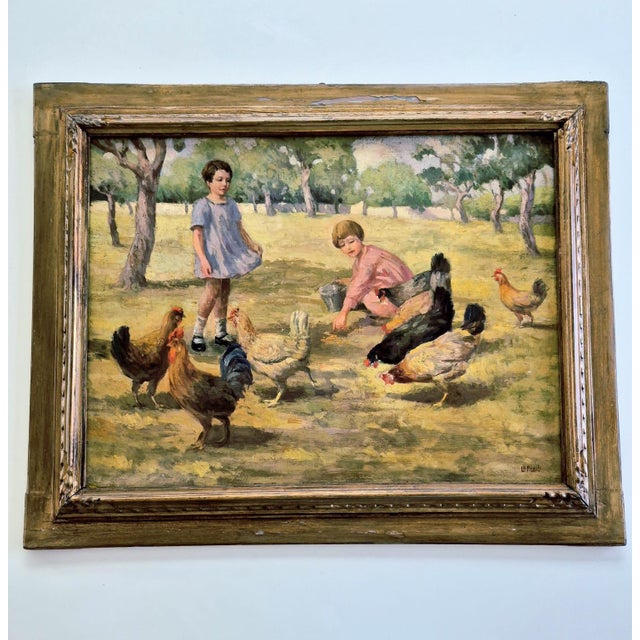 Lo Presti, Children with Chickens, 1920s, Oil Painting on Canvas, Framed For Sale - Image 14 of 15