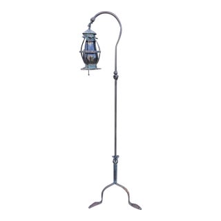 1920s Rustic Wrought Iron Hanging Lantern Floor Lamp For Sale