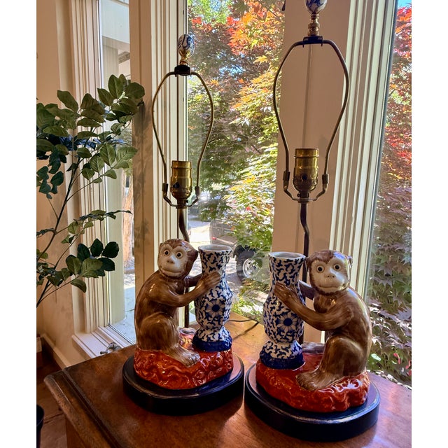 Pair Vintage Ceramic Monkey Lamps For Sale - Image 4 of 5