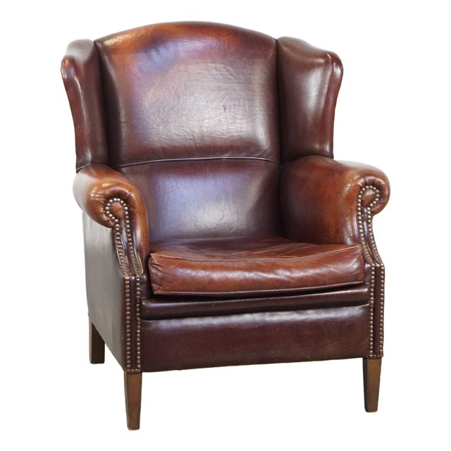 Vintage Sheep Leather Wing Chair For Sale