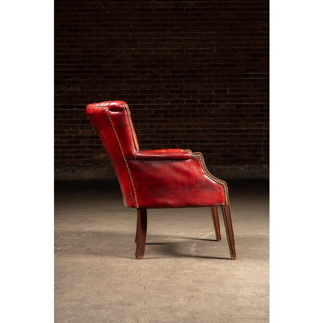 Wood Vintage Leather Channel-Back Armchair With Nailhead Trim in Red For Sale - Image 7 of 9