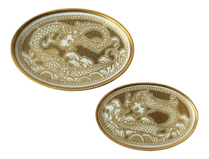 Designer Dragon Jewelry Dishes by Rosenthal in White and Gold - a Pair