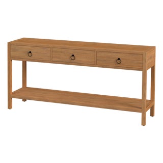 Lark 65 in. W Rectangular Wood 3 Drawer Console Table with Lower Open Shelf, Natural Mango For Sale