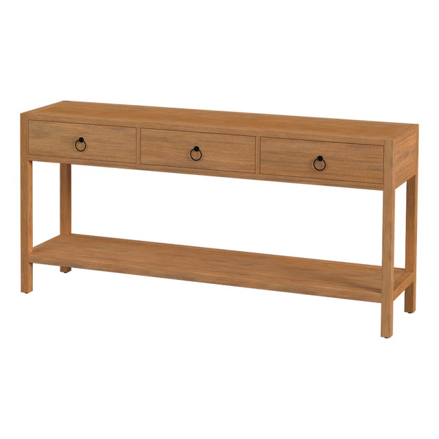 Lark 65 in. W Rectangular Wood 3 Drawer Console Table with Lower Open Shelf, Natural Mango For Sale