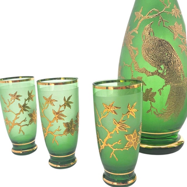 Mid-Century Frosted Emerald Glass Decanter Set With Gilt Pheasant Motif, 15" For Sale In San Francisco - Image 6 of 16
