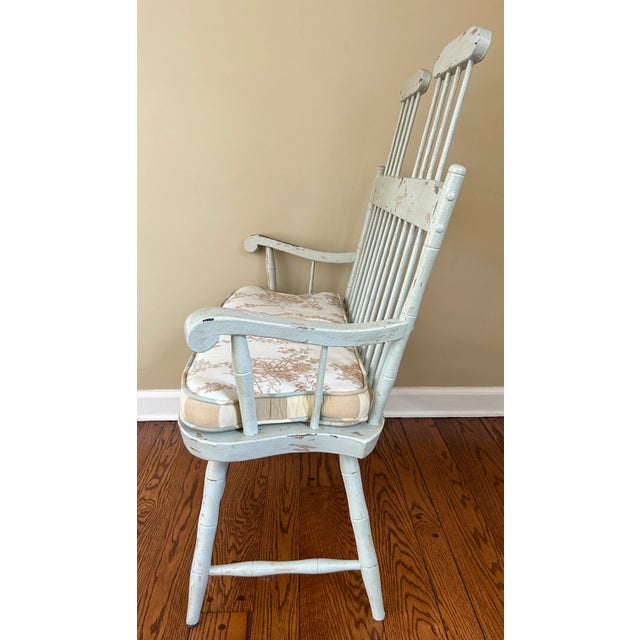 French Country Distressed Toile High Back Bench For Sale - Image 4 of 9