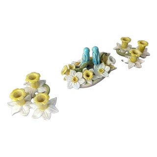 Earthenware Centerpiece and Two Candlesticks, 1950s, Set of 3 For Sale