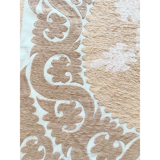 Mid-Century Modern Suzani Embroidered Wall Hanging - Neutral Tan Asian Embroidery For Sale - Image 3 of 9