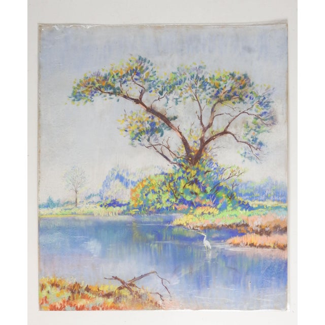 Vintage mid 20th century pastel on paper lakeside wetlands landscape with egret. By Simon Michael (1905-2002), a noted...