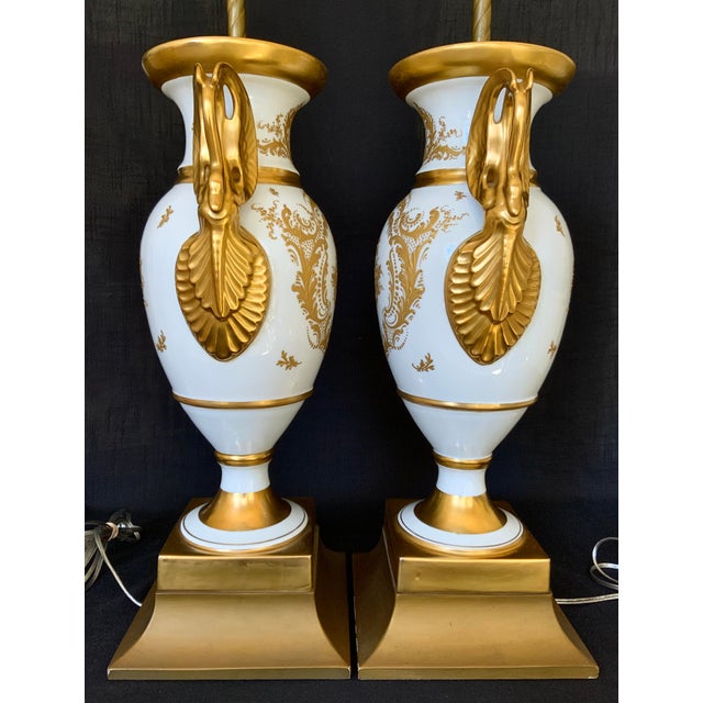 Pair of Paris Porcelain Gilt Napoleon Empire Swan Handled Urn Lamps, Mid to Late 19th Century For Sale In New York - Image 6 of 12