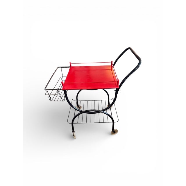 1960s 1960s Modernist Red & Black All-Metal Bar Cart With Removable Basket For Sale - Image 5 of 9