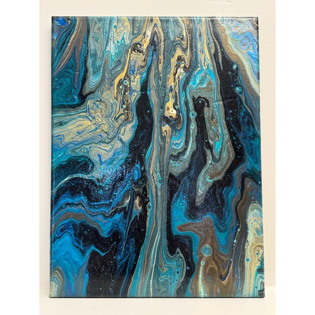 Vintage Contemporary Abstract Expressionism "Marble" Original Oil Painting, Blue, Teal, Gold For Sale - Image 9 of 12
