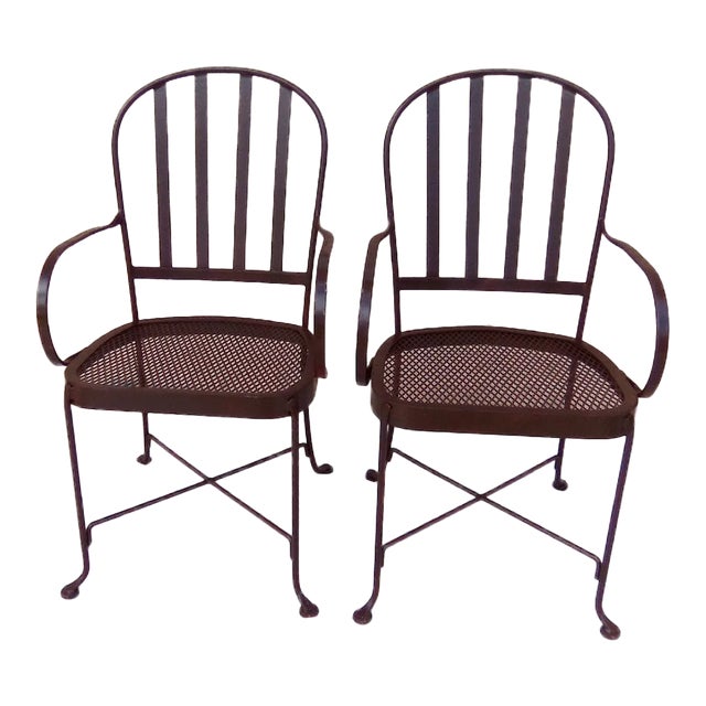 Vintage Salterini Style Metal Patio Arm Chair Brown Color Set of 2 For Sale