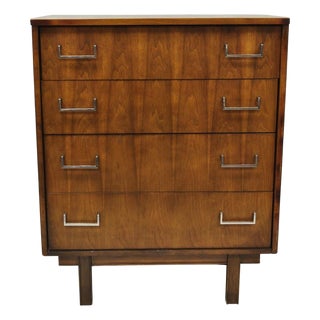 Vintage Mid Century Modern Walnut Veneer 4 Drawer Chrome Pull Tall Chest Dresser For Sale