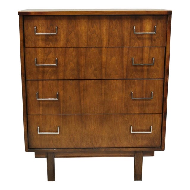 Vintage Mid Century Modern Walnut Veneer 4 Drawer Chrome Pull Tall Chest Dresser For Sale