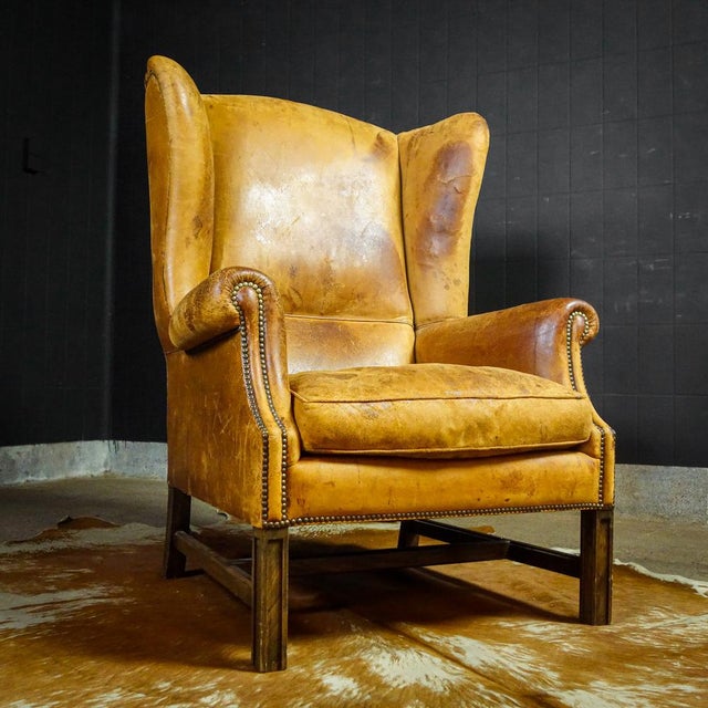 Vintage Tan Leather Wingback Armchair For Sale - Image 3 of 7