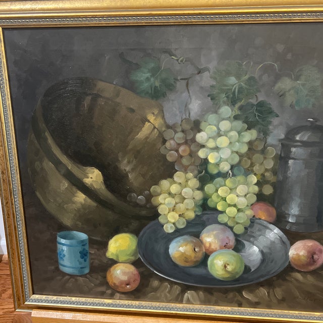 20th Century American School Tabletop Still Life Grapes and Fruits Framed Signed For Sale - Image 4 of 11