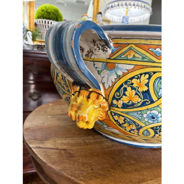 Early 20th Century Early 20th Century Enormous Tuscan Over Sized Early Twentieth Century Hand Painted Sicilian Italian Centerpiece Planter With Lionhead Handles Italy For Sale - Image 5 of 11