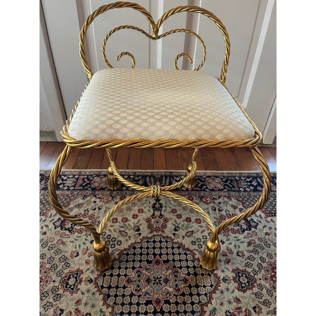 1970s Hollywood Regency Vanity Stool, Gold Gilt Iron Rope Tassel Legs