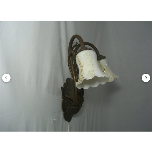 Brown Art Nouveau Floral Brass Sconces with Opaline Glass Shades, 1970s, Set of 3 For Sale - Image 8 of 12