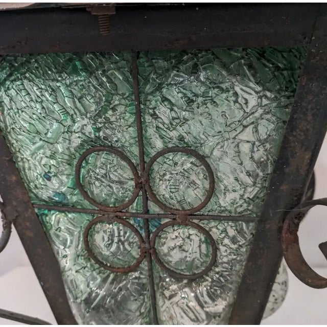 Gothic Gothic Spanish Revival Wrought Iron & Green Glass Hanging Lantern For Sale - Image 3 of 10