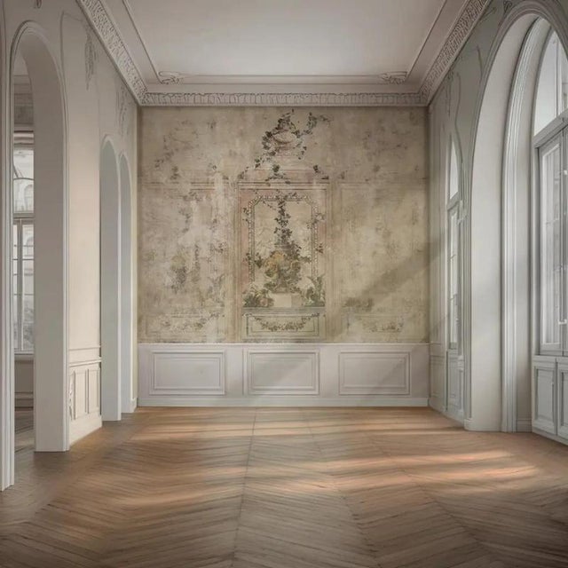 This panoramic mural is inspired by early 19th-century decorative boiseries, featuring faun motifs rendered in a...