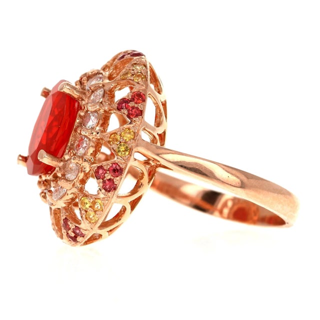 Orange 2.93 Carat Fire Opal Rose Cut Diamond Rose Gold Cocktail Ring Size 7 For Sale - Image 8 of 9