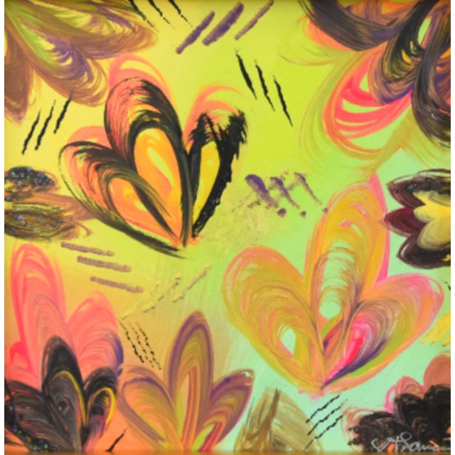Colorful abstract impressionist painting on an artist's stretched canvas displayed in a complementary antiqued gold wood...