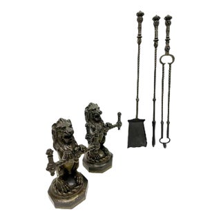 19th French Century Cast Iron Fire Dogs or Andirons with Tools, Set of 5 For Sale