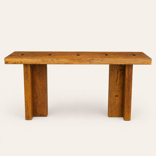 Belgian Style 1970s Reclaimed Wood Console Table With Brass Butterfly Key Inlays For Sale - Image 4 of 8