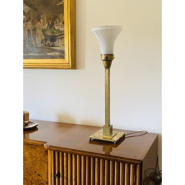 Rationalist monumental brass table lamp Officine A. Boffelli Milano Italy 1935 Brass and white glass details. Fabric lamp...