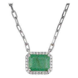 2.06 Ct Octagon Cut Emerald & Diamond Pendant Necklace in 925 Sterling Silver For Sale
