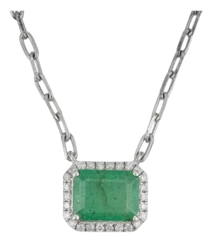 2.06 Ct Octagon Cut Emerald & Diamond Pendant Necklace in 925 Sterling Silver