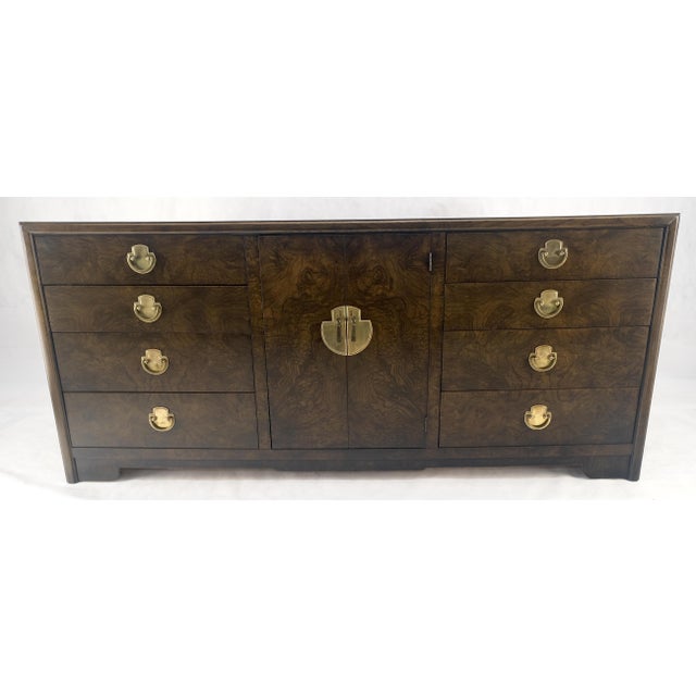 Burl Wood Brass Hardware 2 Doors Compartment 68" Long Dresser Credenza MINT! For Sale - Image 11 of 14