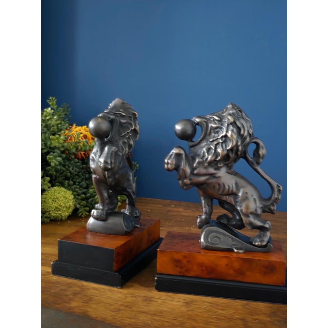 Antique Bronze & Wood Lion Bookend Pair For Sale - Image 9 of 18