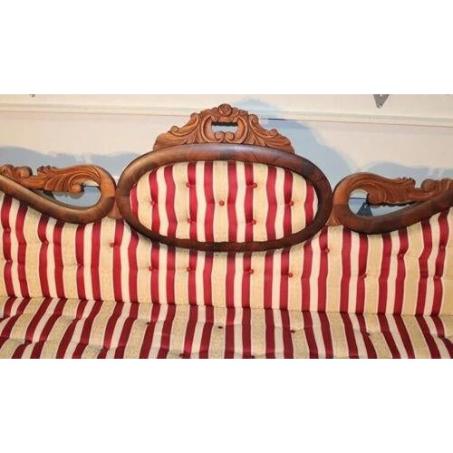 1800s Antique Empire Period, Medallion Back, New Upholstery, Red & Beige Sofa For Sale - Image 4 of 6