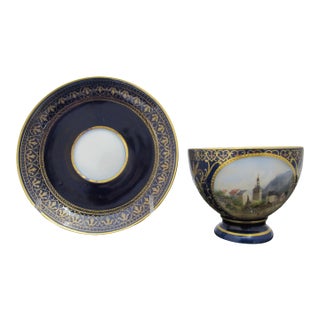 Late 19th Century Carl Knoll Karlsbad Hermann Voigt Landscape Painting Blue Coffee Cup & Saucer For Sale