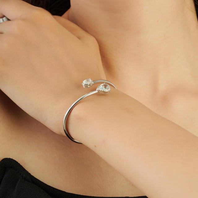 Sky Blue Modernist Pear-Cut Aquamarine & Diamond Toi Et Moi Open Cuff Bangle, March Birthstone Gift For Sale - Image 8 of 12