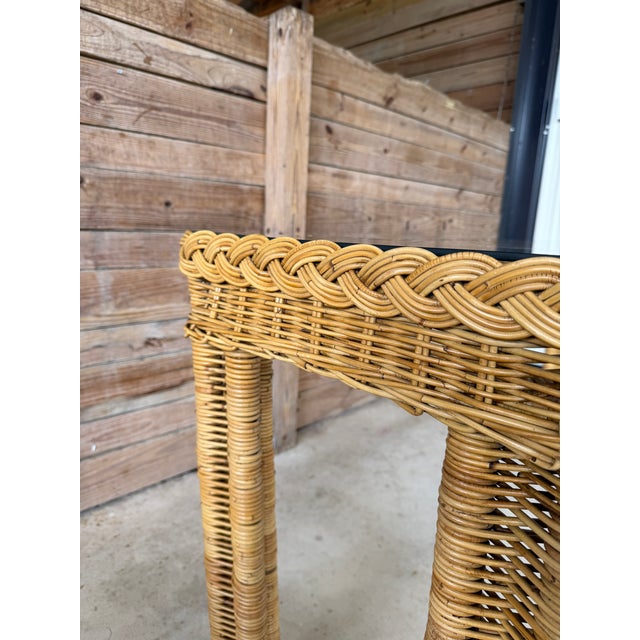 Wood Vintage Handwoven Braided Rattan Console Table Glass Insert For Sale - Image 7 of 12