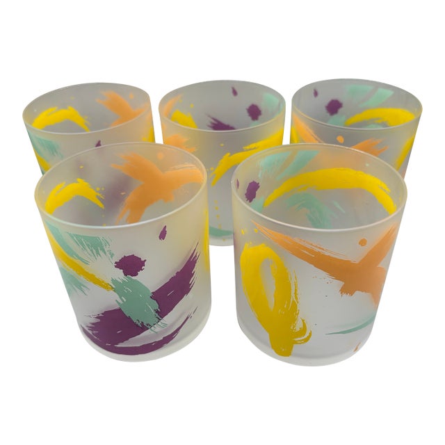 Vintage 1990s Pastel Frosted Glass Postmodern Paint Splash Rocks Cocktail Glasses- Set of 5 For Sale