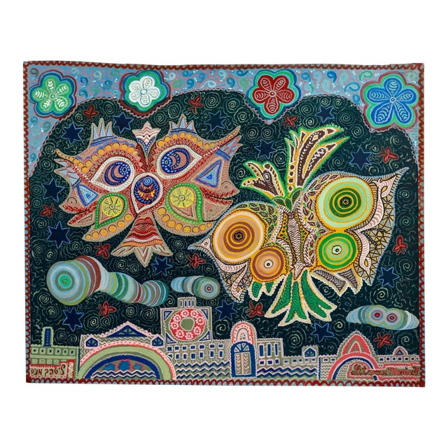 Menia LitvakIsraeli Folk Art Bright Colorful Naive Jerusalem Vibrant Landscape Painting, 1979 For Sale