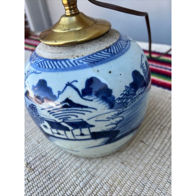 Chinoiserie Antique Chinese Blue & White Ginger Jar Table Lamp With Chinoiserie Landscape For Sale - Image 3 of 12