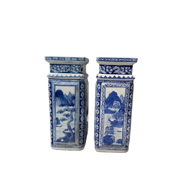 Chinoiserie Qianlong Style Blue and White Porcelain Vases- A Pair For Sale - Image 9 of 12
